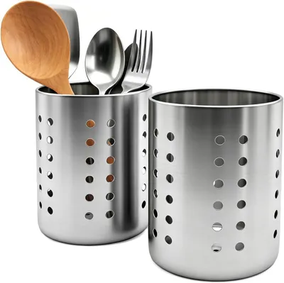Produktbild von 2 Stück Küchenutensilienhalter aus Edelstahl in Silber, Besteckkorb für den Tisch und die Küche, Aufbewahrung für Kochutensilien und Küchenhelfer, 9,5×12,5cm
