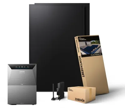 Produktbild von Kleines Kraftwerk 960W Balkonkraftwerk Flachdach Halterung (bifazial) inkl. Anker Solarbank 4 + Zusatzbatterie – 0% MwSt – Solaranlage mit Speicher