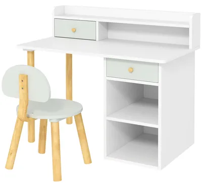 Image de Bureau pour enfant avec chaise - 2 tiroirs de rangement - Étagères ouvertes - Structure en bois - 85 x 48 x 73 cm - Vert
