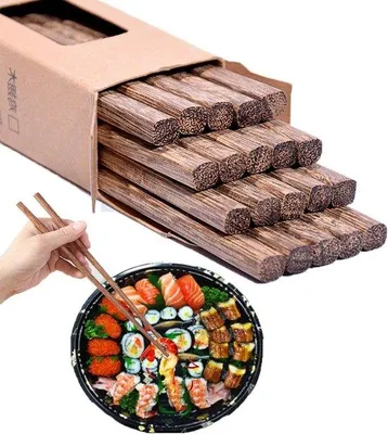Image de 10 paires de baguettes naturelles réutilisables - Baguettes chinoises en bois - Lavables - Set de vaisselle - Baguettes japonaises pour sushi - Plats asiatiques - Poisson - Design traditionnel