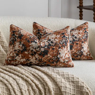 Productafbeelding van Decoratieve kussenhoezen, 40x80 cm, antraciet, terracotta, bloemenmotief, jacquard-chenille, set van 2