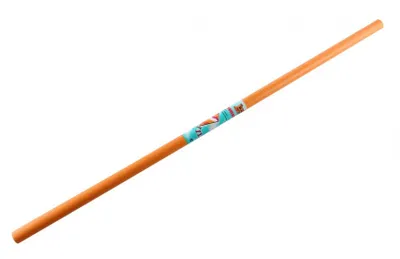 A long, thin, orange cylindrical object, likely a handle or pole, is shown diagonally against a white background. A colorful label with text and graphics is wrapped around the middle of the object.