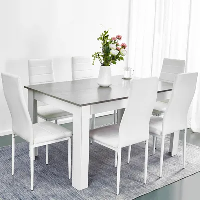 Image de Meerveil Table de salle à manger en bois Ensemble de table de cuisine avec 6 chaises grises et blanches