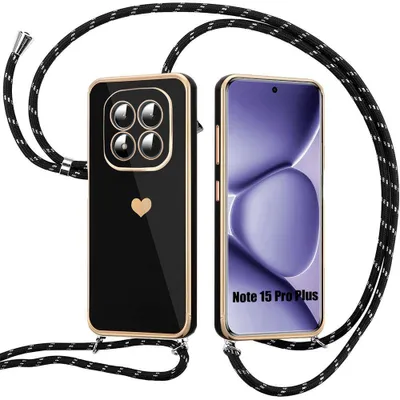 Image de Coque pour Xiaomi Redmi Note 15 Pro Plus 5G, Silicone Motif Cœur avec Bandoulière Noire