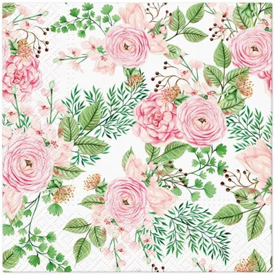 Produktbild von 20 Servietten Rose Hip Flowers - Rosen rosa an grünen Blättern 33x33cm