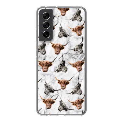 Produktbild von MuchoWow® Handyhülle Schutzhülle Hülle für Samsung Galaxy S21 FE Schottischer Highlander - Kuh - Marmor Silikon Softcase Handy Hülle - Mobiltelefonhülle