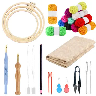 Punchnadel-Set, 17-tlg., mit 3 Stickrahmen, 12 Garnfarben