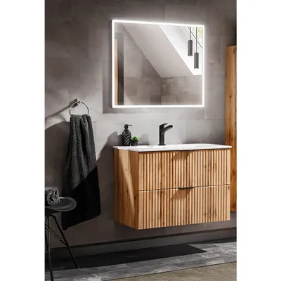 Produktbild von Badmöbelset Wotaneiche Rillenoptik ADELAIDE-56  80cm Waschtisch, LED-Spiegel, B/H/T ca. 81/200/46 cm
