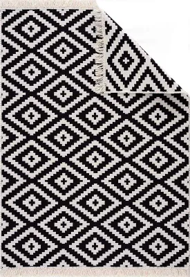 Image de Tapis de couloir Unyqoos® 80x150 cm – Tapis kilim bohème réversible blanc et noir, 90% coton/10% polyester, idéal pour les couloirs, les salons et les chambres
