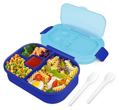 Produktbild von Brotdose mit Fächern Lunchbox Erwachsene Kinder Schule, 1300ML Bento Lunch Box Brotbox mit Besteck Brotzeitbox Auslaufsicher Jausenbox Blau