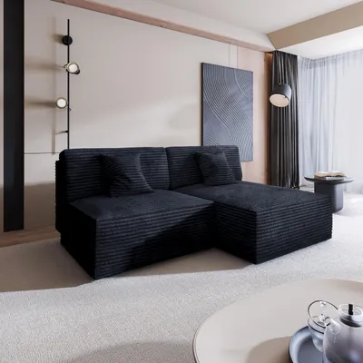 Produktbild von Masseno Ecksofa FIORO mit Schlaffunktion L-Form, Sofa mit Bettkasten, Wohnzimmersofa, Couch, Soffa, Bettsofa, Couchgarnitur- Schwarz, TILIA 100