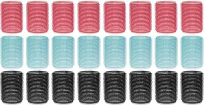Produktbild von Unyqoos® 24er Klettwickler-Set Ø 50 mm – Haarwickler aus Kunststoff, ca. 62 mm lang, weiches Klett, 3 Farben (rosa, mintgrün, schwarz), ohne Nadeln/Clips