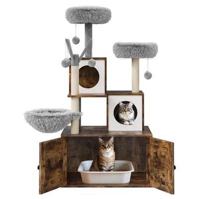 Image de arbre à chat 2 en 1 avec litière Maison de chat en bois, poteau à griffer en sisal plusieurs niveaux armoire brune + arbre gris