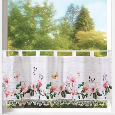 Produktbild von heimtexland ® Scheibengardine Blumen Gardine Digitaldruck HxB 45x120 Fensterdekoration blickdicht  Typ789 Kirschblüte Ecru
