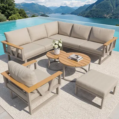 Produktbild von Flieks Gartenlounge-Set 7-tlg., Gartenmöbelset mit 2 Couchtischen für 6-7 Personen, Gartensofa mit abnehmbaren Kissen, Loungemöbelset Beige