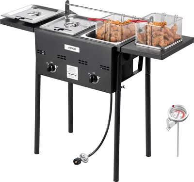 Immagine prodotto di Friggitrice a propano VEVOR per esterni, friggitrice professionale a due vasche (9 l x 2), fornello in acciaio inossidabile con piattaforma ribaltabile, doppio cestello e regolazione della temperatura, friggitrici da banco per ristoranti e snack bar