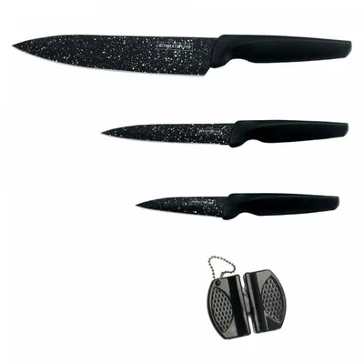 Produktbild von Royalty Line RL-MB3B: 3-Teiliges marmorbeschichtetes Küchenmesserset mit Taschenmesserschärfer
