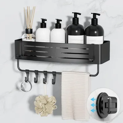 Produktbild von Duschregal Aluminium ohne Bohren mit Saugnapf, Eckablage mit 6 Haken, Mattschwarz