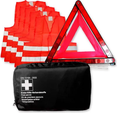 Produktbild von KFZ Erste-Hilfe Set Warndreieck 5 Warnwesten orange DIN 13164