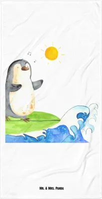 Produktbild von Mr. & Mrs. Panda Badelaken Pinguin Surfer - Weiß - Geschenk, Duschhandtuch, Pinguine, Urlaub, Motiviert, Strandtuch, Portugal, Handtuch, Reisehandtuch, Badehandtuch