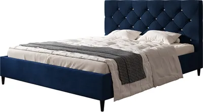 Produktbild von Polsterbett LUX BOSTON mit Kopfteil, 140 x 200 cm, Doppelbett mit Lattenrost aus Holz, Velourstoff Dunkelblau, Füße in Farbe: Schwarz