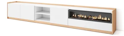 Produktbild von TV-Schrank, Lowboard, 310x37x50cm, Für TV-Geräte bis zu 80", Elektrokamin., Weiß und Eiche Soft