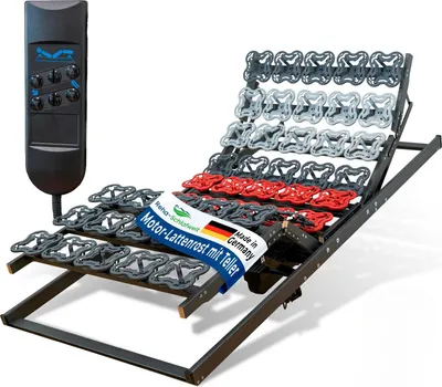 A motorized adjustable bed frame with a remote control.