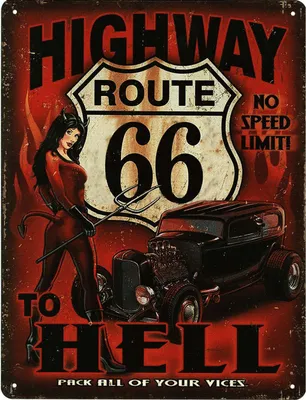 Obrázok produktu pre Moritz retro dekoratívny plechový nápis Route 66 to Hell nápad na darček z kovu vintage dizajn na dekoráciu