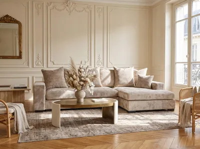 Produktbild von Ecksofa mit Schlaffunktion BENICIO Sofa in Stoff Flow Beige Ottomane Rechts