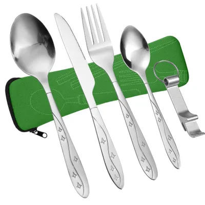 Productafbeelding van Campingbestekset, 6-delig RVS met lepel, vork, mes, flessenopener en opbergtas