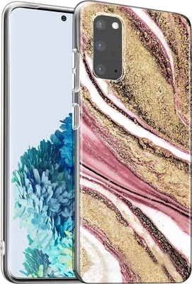 A smartphone with a marble-patterned case.