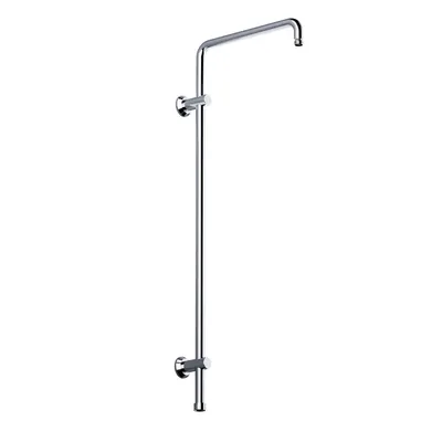 A chrome shower arm and vertical support mounted on a white background.