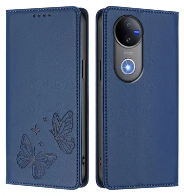 Image de Étui en cuir pour Vivo V50, étui de protection type portefeuille en cuir gaufré « papillon » avec support, bleu foncé