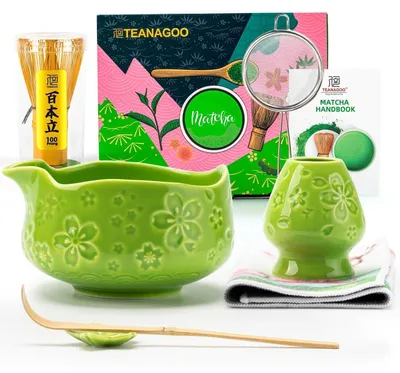Produktbild von Matcha Set 7-teilig Grün Keramik Schale mit Ausguss Bambusbesen Zubehör für Latte Geschenk