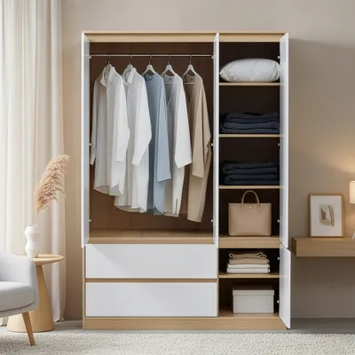 A modern wardrobe with clothes hanging and folded items on shelves.