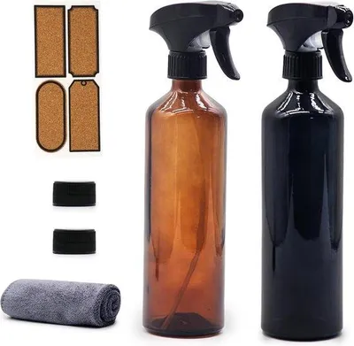 Immagine prodotto di Set da 2 flaconi spray in vetro - Flaconi spray manuali in plastica ricaricabili per il giardinaggio e la pulizia della casa - Nero e marrone
