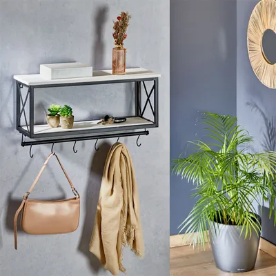 Produktbild von Wandgarderobe ARMANDO mit weißer Ablage Garderobenleiste Hängegarderobe schwarz lackiert im Industrial Design