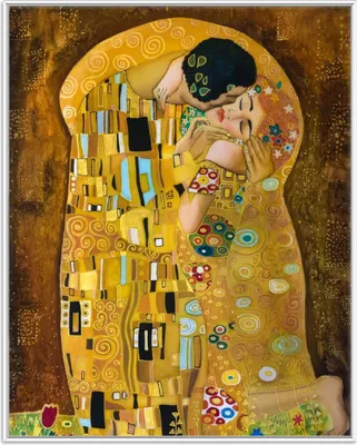 Produktbild von Wallario Wandbild Der Kuss von Klimt, Größe: 40,30 x 50,30 cm, Poster mit weißem Aluminiumrahmen