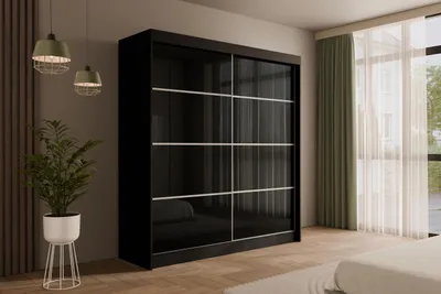 Produktbild von ALTDECOR Kleiderschrank mit Lacobel-Schiebetüren, kugelgelagerte Führungsschienen und Aluminium-Leisten - PEKA3 - 200 cm Schwarz  /  Schwarz