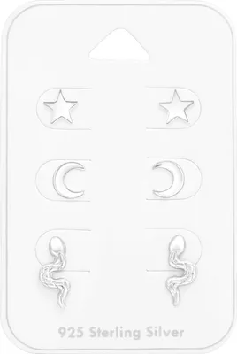 Produktbild von Ohrstecker Set 925 Sterling Silber mit Mond, Stern und Schlange