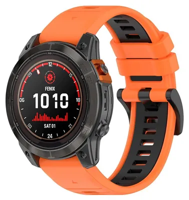 Produktbild von Strap-it Silikon-Sportarmband passend für Garmin Fenix 5 - Plus / Fenix 6 - Pro / Fenix 7 (Pro - Sapphie - Solar) / Fenix 8 - 47mm / Quatix 5-6-7 / Epix Gen 2 - 47mm / Forerunner 935 / 945 / 955 / 965 - 22mm quickfit Armband - orange/schwarz