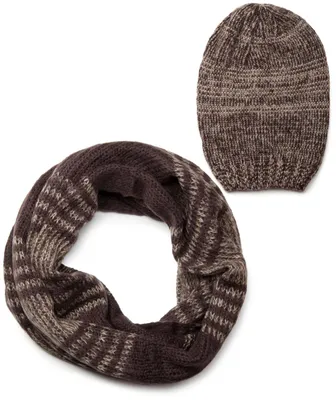 Image de Ensemble écharpe et bonnet styleBREAKER, comprenant une écharpe à motif rayé en maille lisse et un bonnet tricoté. Référence : 01018204