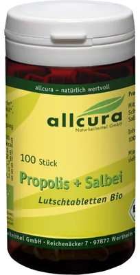 Zdjęcie produktu dla allcura Propolis+Sage Pastylki do ssania Organiczne tabletki łagodzące na gardło i krtań, 100 tabletek