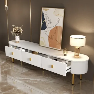 Produktbild von okwish TV-Schrank TV-Lowboard mitmit Schubladen, goldenen Griffen und Beinen, geschwungenen Ecken, 174*35*41 cm, Fernsehtisch Wohnzimmerschränke für Wohnzimmer, weiß