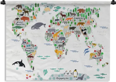 Produktbild von MuchoWow® Wandteppich Wandbehang Weltkarte - Kinder - Tiere - Pflanzen 60x45 cm Tapisserie Dekoration Wandtuch - Das Schlafzimmer