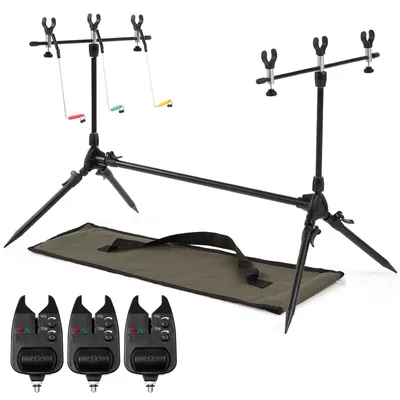 Produktbild von Einstellbare versenkbare Rod Pod Rutenhalter Set + Tragetasche inklusive 3 Bissanzeiger Karpfen Angeln und Schwinger Indikatoren
