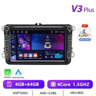 Zdjęcie produktu dla Radio samochodowe do VW Golf/Passat/Jetta, Skoda, Seat – Android 13, format Double-DIN – ekran dotykowy 20,3 cm – CarPlay – 4 GB + 64 GB – GPS – 1024×600