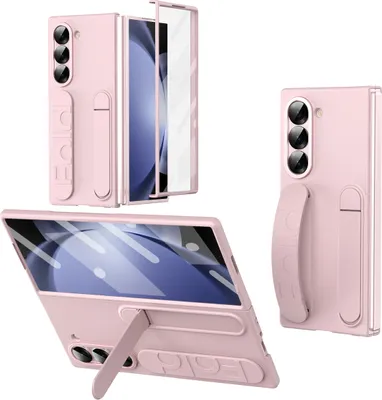 Produktbild von Hülle für Samsung Galaxy Z Fold 5 Vertikale Armbandtasche mit Eingebautem Displayschutz, Griffring, Ständer, Kameraschutz Handyhülle Pink