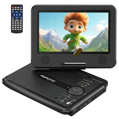 Obrázek produktu pro 9,5" přenosný DVD přehrávač s 7,5" HD výklopným displejem, výdrž baterie 4–6 hodin, podpora více formátů, připojení k TV/projektoru, funkce ukládání