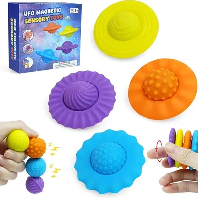 Produktbild von Magnetisches UFO Sensorik Spielzeug 4er Set Silikon Fidget Toy strukturierte Oberfläche Stressabbau Konzentration Handspielzeug